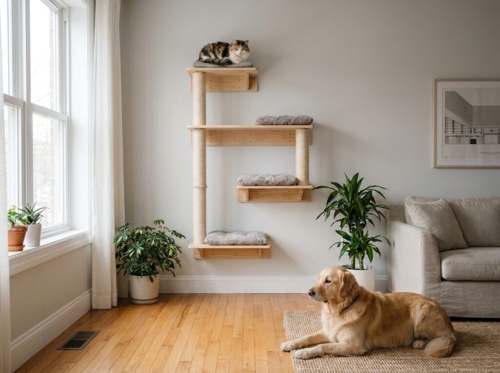 Cat perched on cat tree