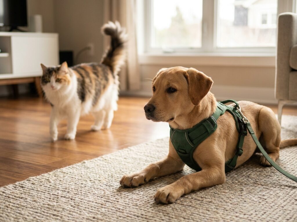 Puppy and cat training session