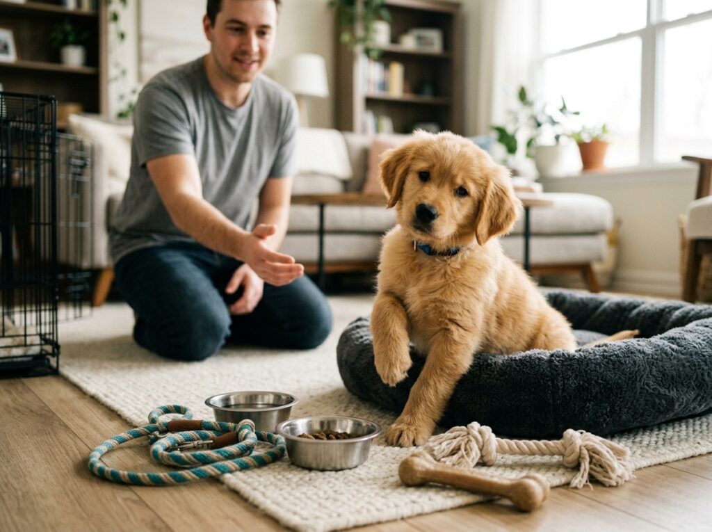 New puppy on its first day home surrounded by starter supplies, representing first-year dog ownership costs