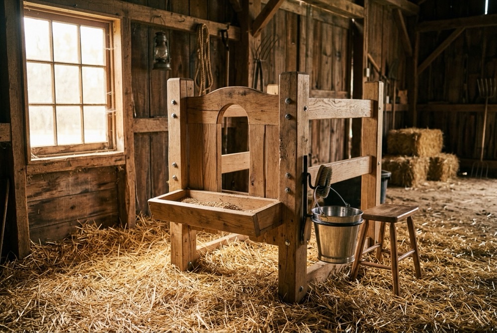 how to milk a pet cow stanchion setup inside the barn