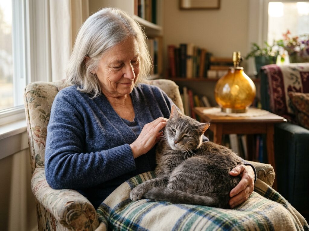 Owner caring for her senior cat at home, representing the rise in veterinary costs during a pet's senior years