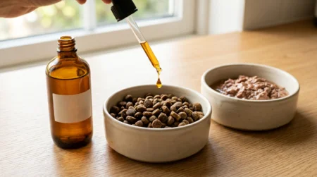 Canine & Feline Omega-3 (EPA/DHA) Dosage Calculator: Evidence-Based Veterinary Guide Fish oil dropper bottle beside dog and cat food bowls illustrating EPA and DHA omega-3 dosage for pets