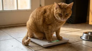Cat Weight Loss Calculator: Safe Daily Calories & Deficit Guide Overweight orange tabby cat being weighed on a digital pet scale for a safe cat weight loss plan