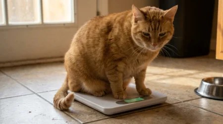 Cat Weight Loss Calculator: Safe Daily Calories & Deficit Guide Overweight orange tabby cat being weighed on a digital pet scale for a safe cat weight loss plan