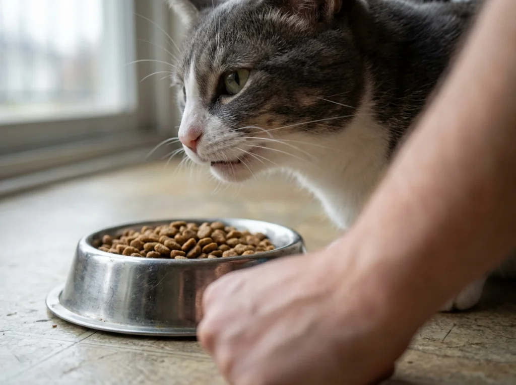 Cat turning away from food bowl, illustrating the feline 24-hour anorexia safety rule during a weight-loss plan