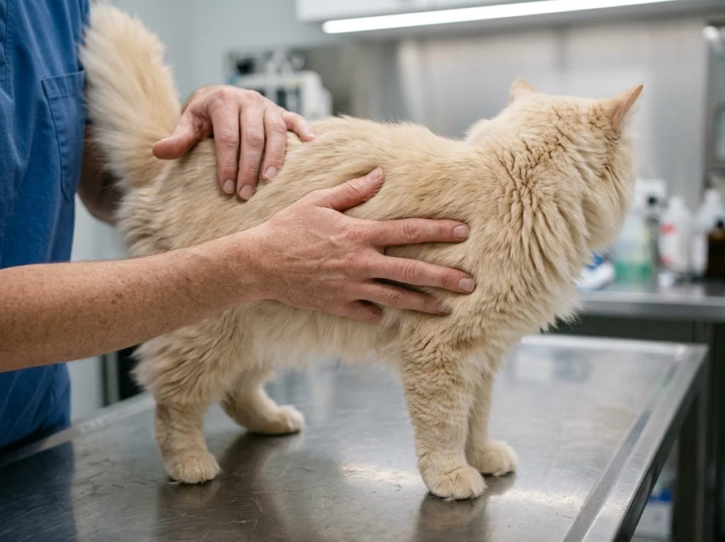Veterinarian palpating a cat's ribs to determine feline body condition score for the weight-loss calculator