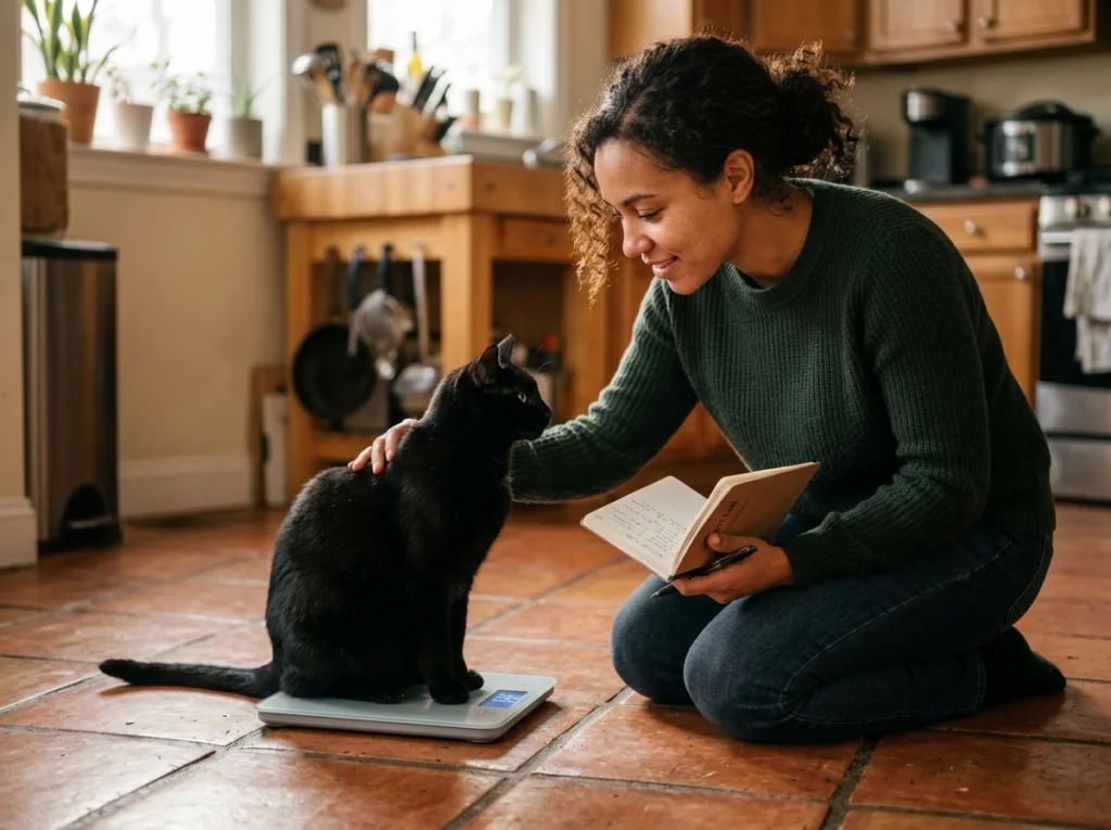 Owner recording a cat's weekly weigh-in results while tracking a safe feline caloric deficit plan