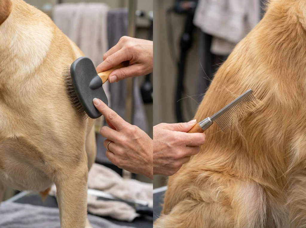 Side-by-side coat brushing comparison showing shedding differences between two dog breeds