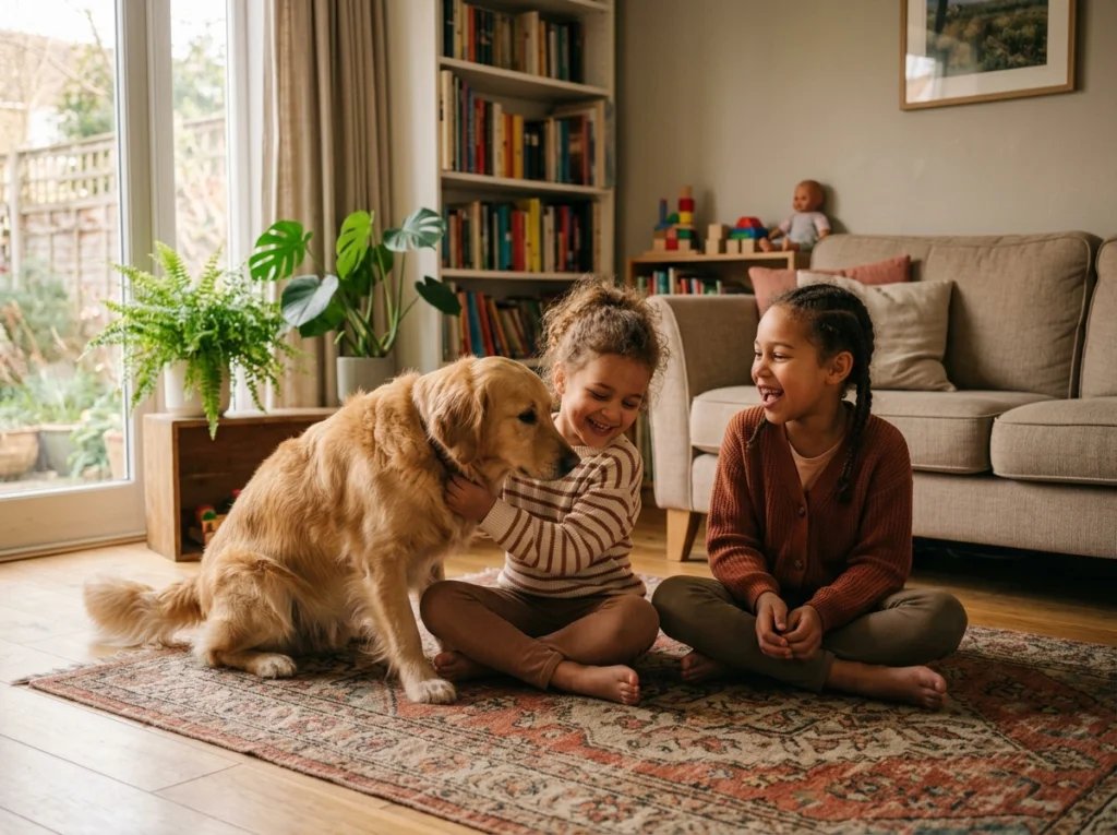 Family with children and a retriever illustrating child-friendly dog breed compatibility