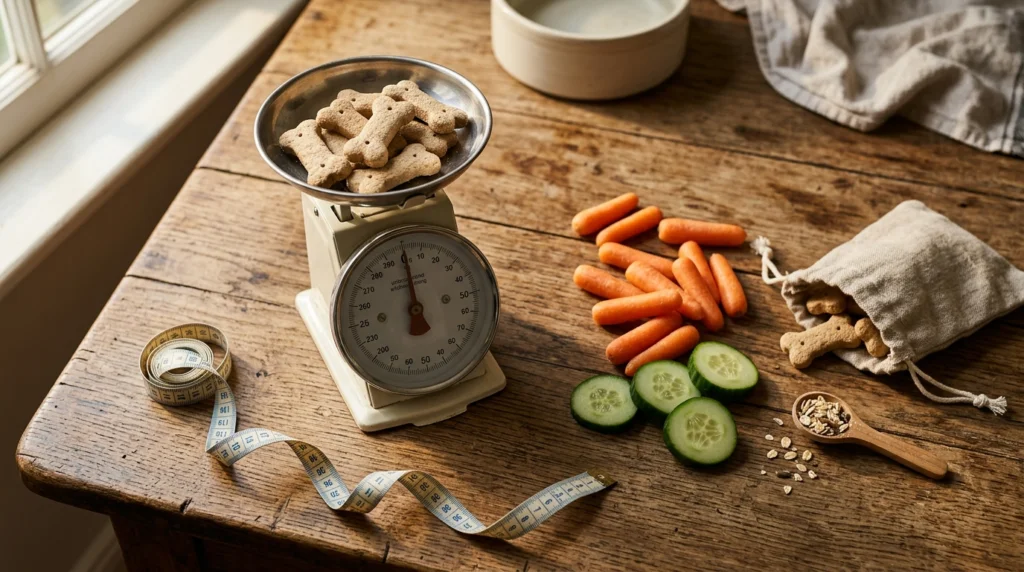 Dog & Cat Treat Calorie Calculator: The 10% Daily Rule & Portions Dog treats and a kitchen scale illustrating the 10% daily treat calorie rule for pets