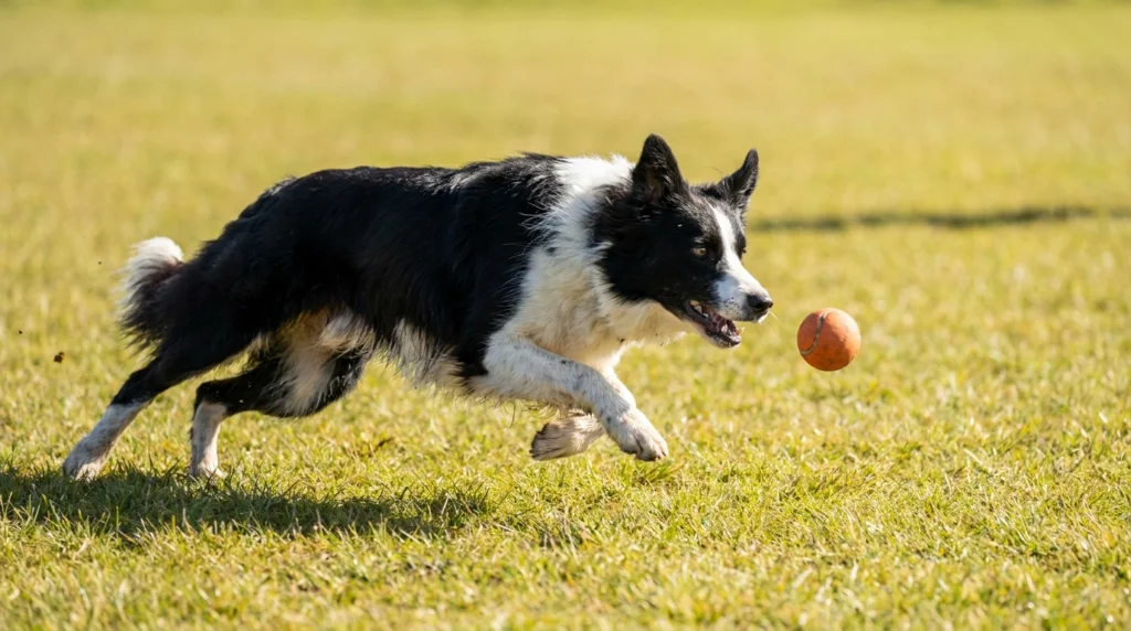 Dog Exercise Calculator: Daily Minutes by Breed & Age Guide Border Collie sprinting after a ball illustrating high daily exercise needs for working breeds