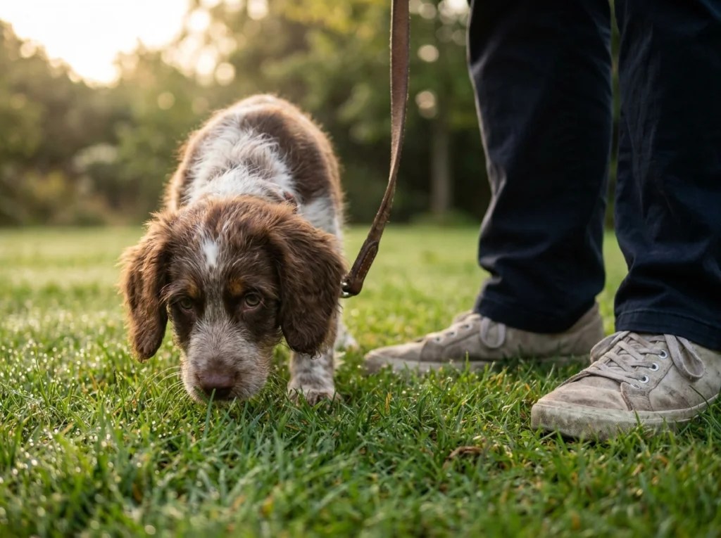 Puppy on a short leash walk illustrating the 5-minute-per-month exercise rule for growing dogs