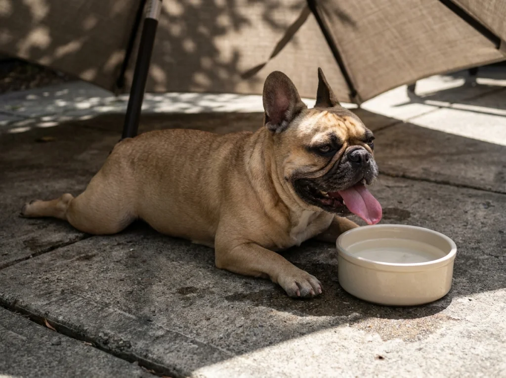 French Bulldog panting in the shade illustrating heat safety limits for brachycephalic dog breeds