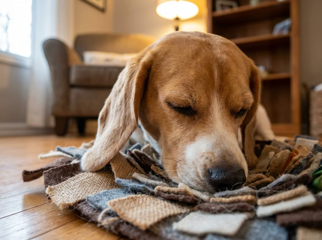 Beagle doing nose-work scent enrichment illustrating mental stimulation as part of daily dog exercise