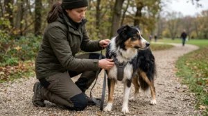 Dog Harness & Collar Size Calculator: Breed & Body Fit Guide Owner fitting a harness on a dog illustrating the dog harness and collar size calculator
