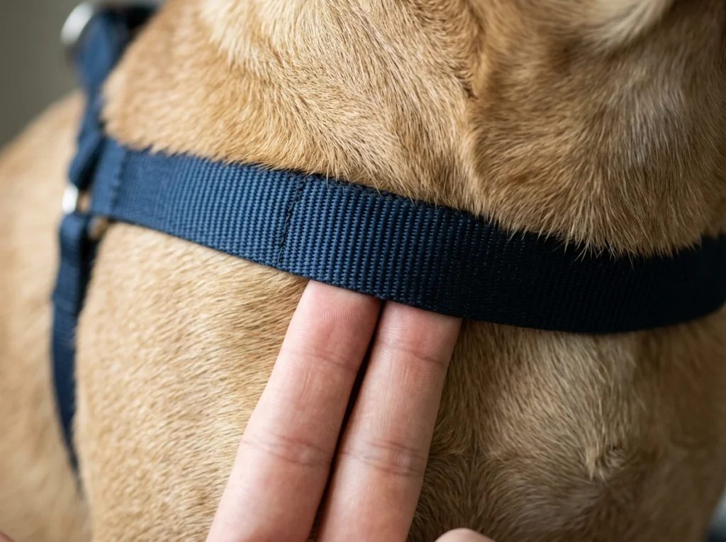 Two fingers checking harness strap slack using the two-finger safety fit rule