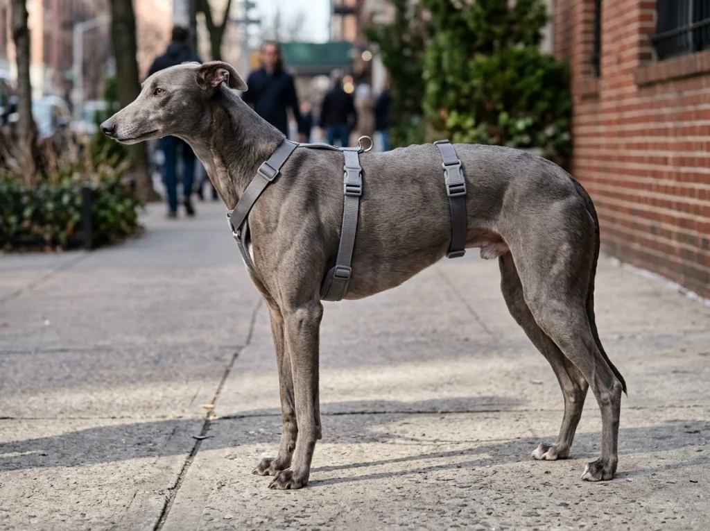 Greyhound wearing a fitted harness illustrating proper gear sizing for deep-chested dog breeds