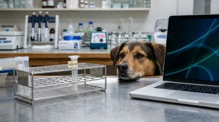 Dog beside a DNA sample tube illustrating the epigenetic dog age calculator and DNA methylation science