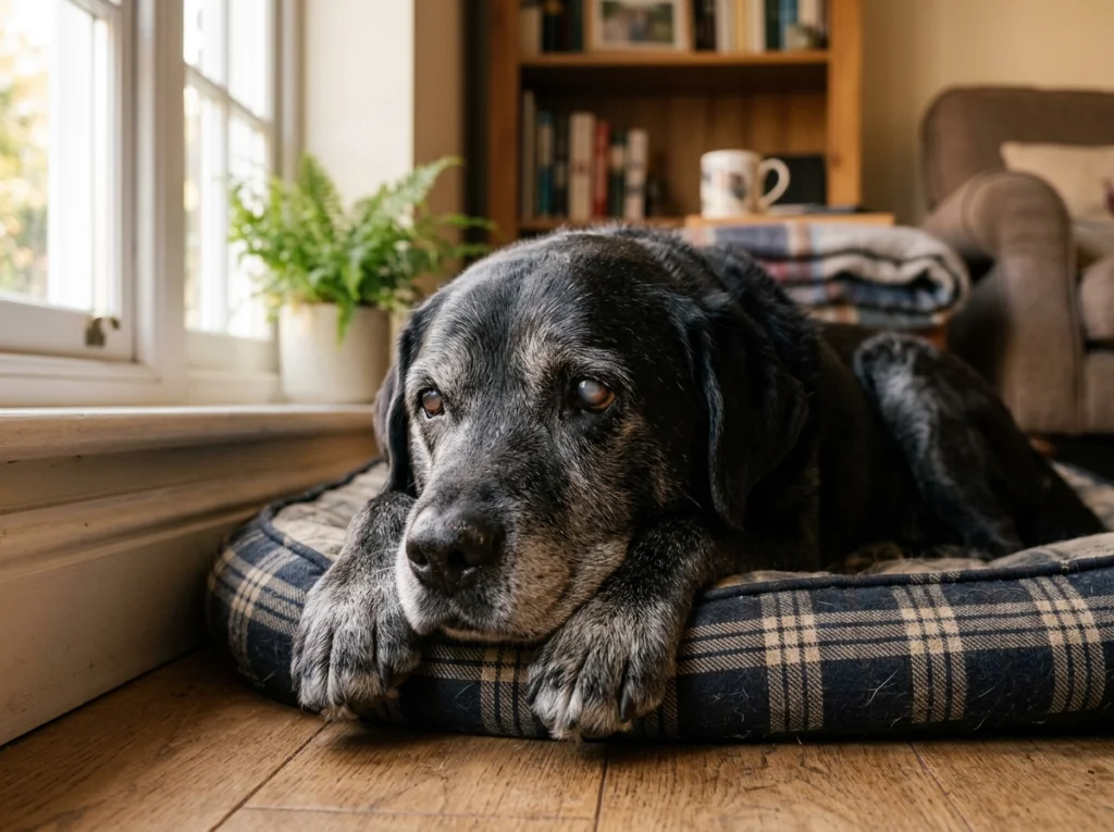 Senior dog with a graying muzzle illustrating the geriatric stage on the epigenetic versus AVMA dog age comparison