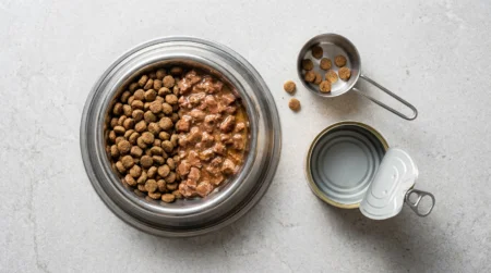 Wet to Dry Food Calculator: Dog & Cat Feeding Split & Ratios Bowl of half dry kibble and half wet food illustrating the wet-to-dry feeding split calculator