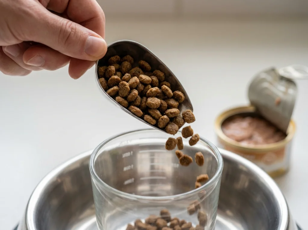 Measuring dry kibble into a cup to calculate an exact wet-to-dry feeding ratio