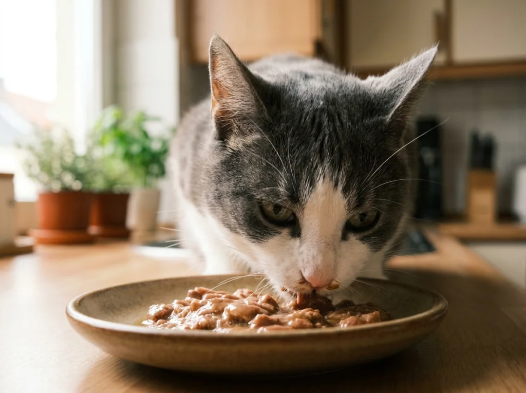 Cat eating moisture-rich wet food illustrating hydration benefits of a higher wet food feeding ratio