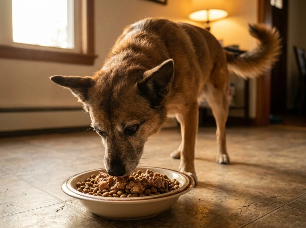Dog eating a freshly combined bowl of wet and dry food illustrating a mixed feeding routine